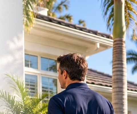 Home watch professional walking up to a South Florida home