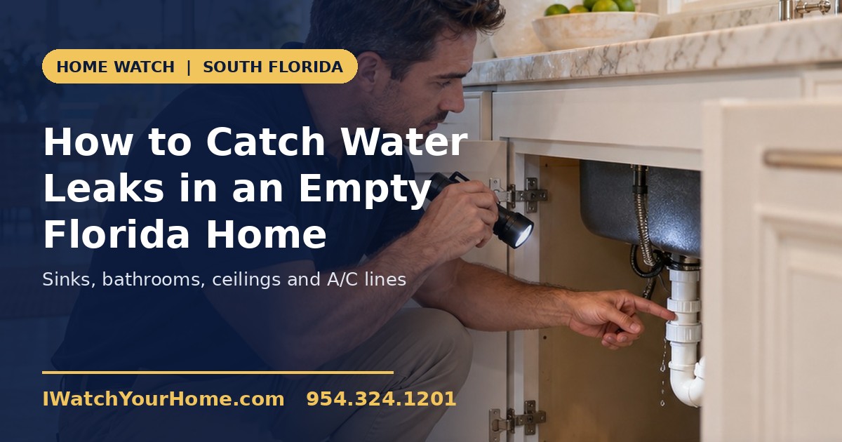 Home watch professional kneeling at an open kitchen sink cabinet, shining a flashlight on a dripping drain pipe in a bright South Florida home