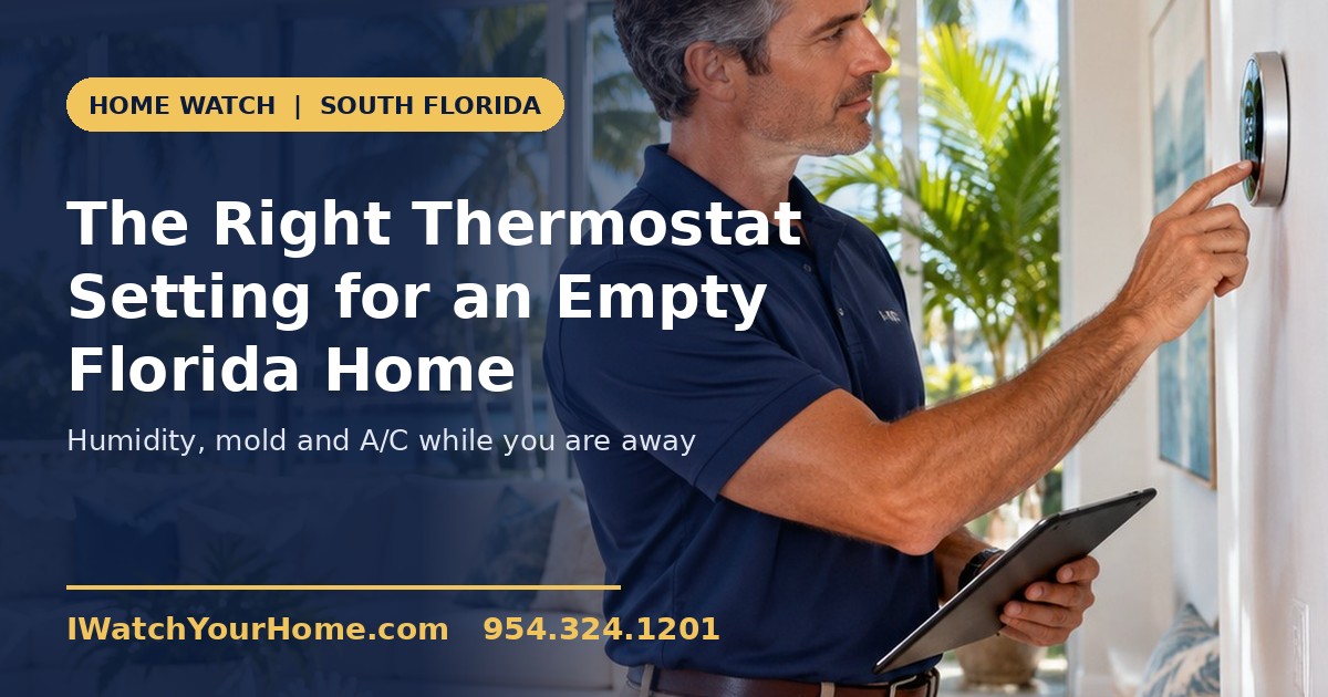 Home watch professional in a navy polo checking a wall thermostat while holding a tablet inside a bright waterfront South Florida living room